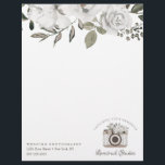 Cherish Vintage White Floral Custom Camera logo Letterhead<br><div class="desc">Vintage Cherish White Floral & Rose Gold Painted Roses and Flowers. A Vintage Classic and Elegant Look, and Plenty of Grey, Ivory White, Rose Gold, Dusty Pink, Pine Green, and Grey leaves and foliage. With Hand Painted Floral elements, Vintage Classic Script Fonts and Stylish Rose Gold Glitter Foil Frame &...</div>