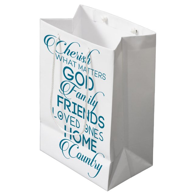 Cherish What Matters Teal Medium Gift Bag (Front Angled)