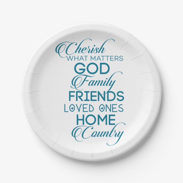 Cherish What Matters Teal Paper Plate (Front)