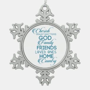 Cherish What Matters Teal Snowflake Pewter Christmas Ornament