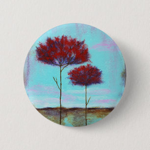 Cherished, Abstract Art Landscape Red Trees 2 Inch Round Button