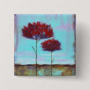 Cherished, Abstract Art Landscape Red Trees 2 Inch Square Button