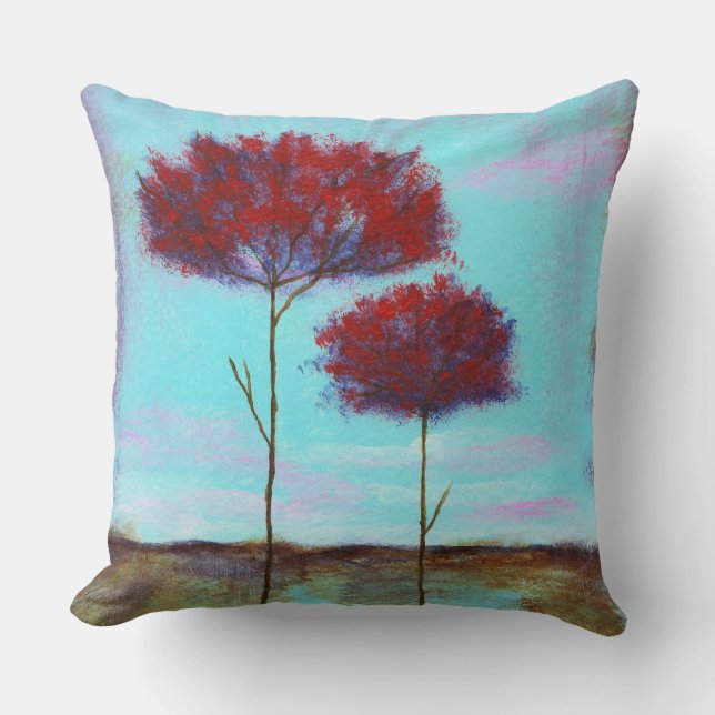 Cherished, Abstract Landscape Art, Red Trees Throw Pillow (Front)