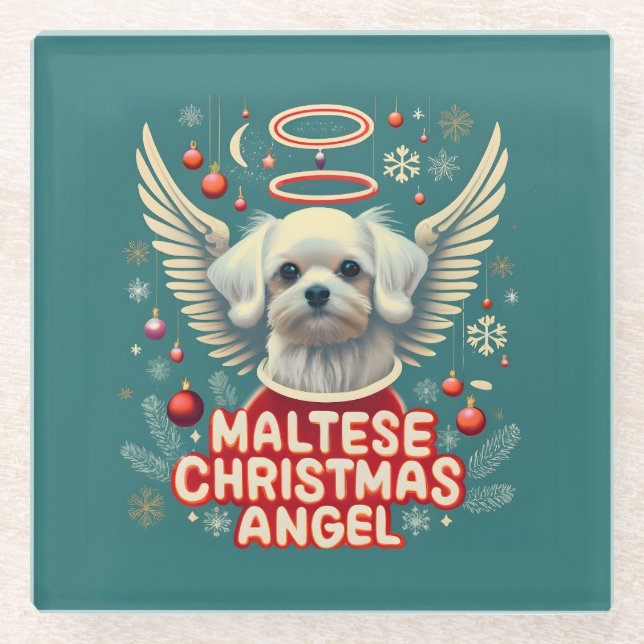 Cherished Holiday Charm Maltese Christmas Angel Glass Coaster (Front)
