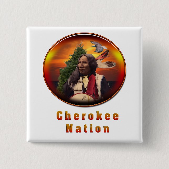 Cherokee indians art 2 inch square button (Front)