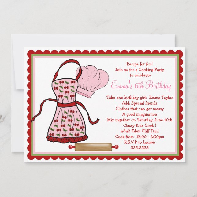 Cherries Apron and Chef Hat Birthday Invitations (Front)