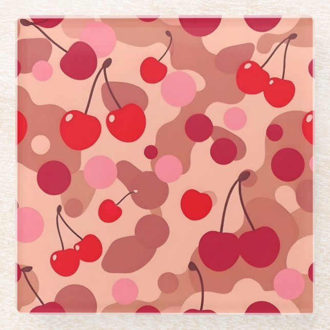 Cherries Art Pink Square Glass Coaster (Front)
