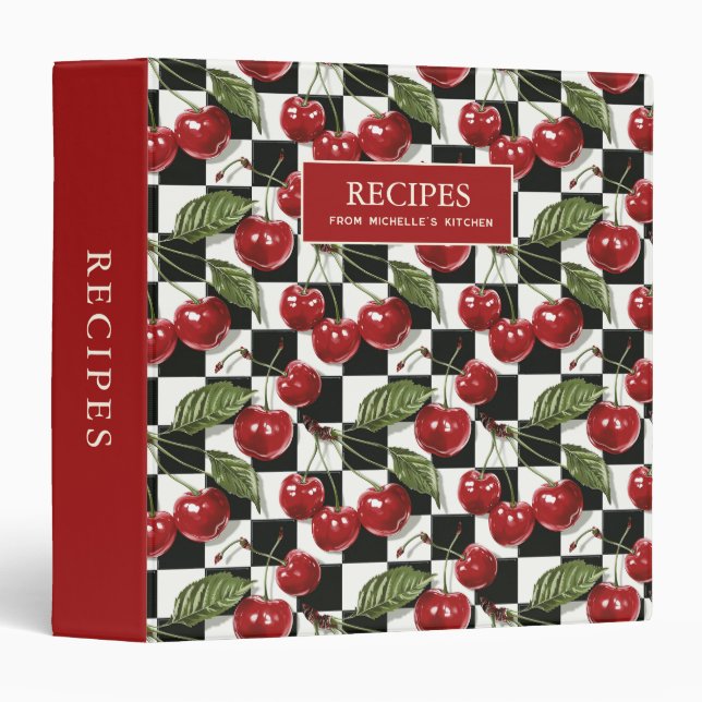 Cherries Black White Chequered Family Recipes  Binder (Front/Spine)