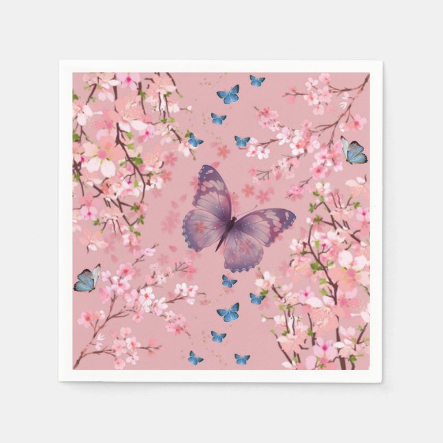 Cherries Blossom & Colourful Butterflies  Napkin (Front)