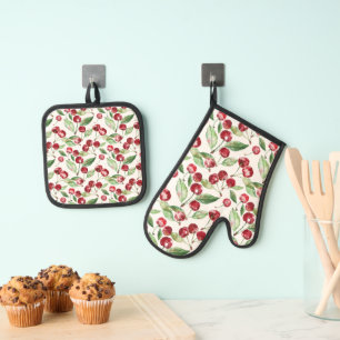 Cherries Cherry Red Pattern Watercolor Oven Mitt & Pot Holder Set