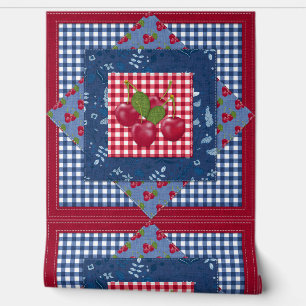 Cherries Denim and Gingham Check Cottage Quilt Wallpaper