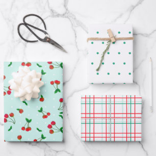 Cherries, Dots and Plaid Assorted Wrapping Paper Sheet