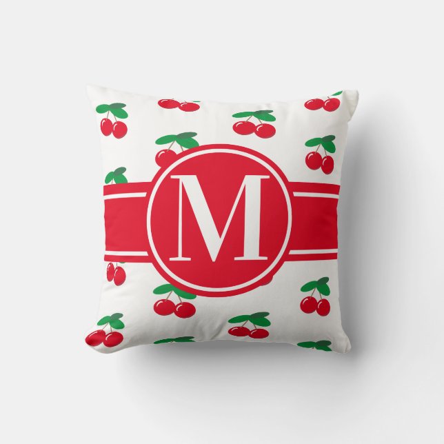 Cherries Fruit Red Pattern Monogram Black Throw Pi Pillow (Front)