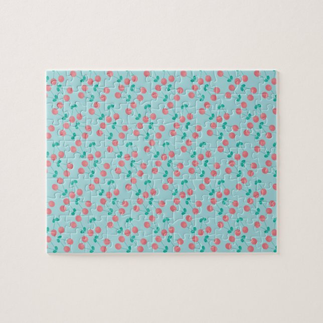 Cherries Hand Painted Watercolor Pink Teal Jigsaw Puzzle (Horizontal)