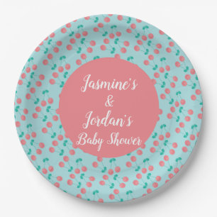 Cherries Hand Painted Watercolor Pink Teal Paper Plate