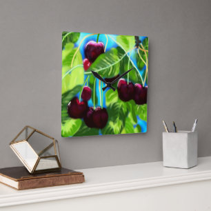 Cherries Hanging From Branches Cherry Red Green Square Wall Clock
