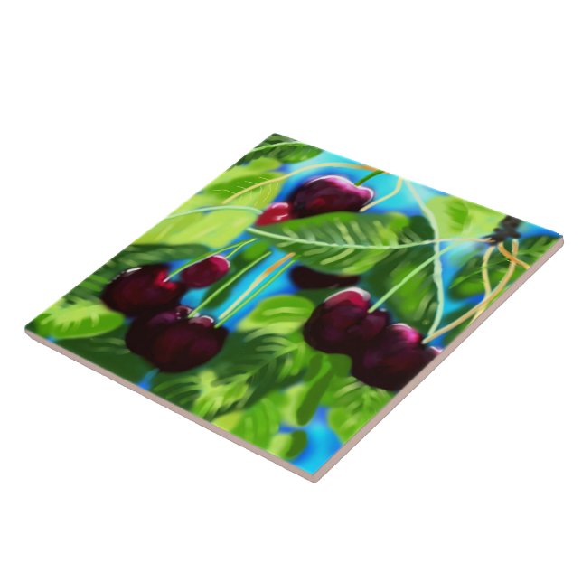 Cherries Hanging From Branches Cherry Red Green Tile (Side)