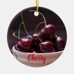 Cherries in pink bowl for fruit lover ceramic ornament