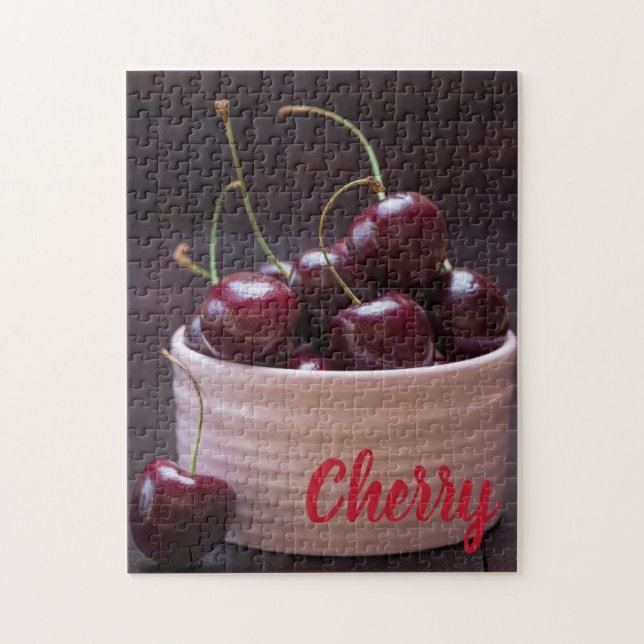 Cherries in pink bowl for fruit lover jigsaw puzzle (Vertical)