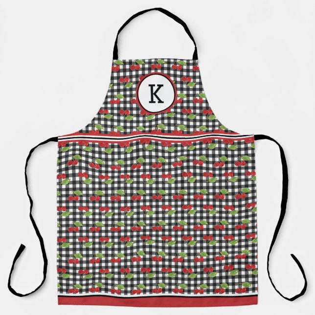 Cherries On Black Gingham Monogrammed Apron (Front)