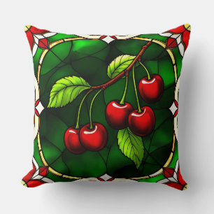 Cherries On Green Leaves With A Stained Glass Throw Pillow