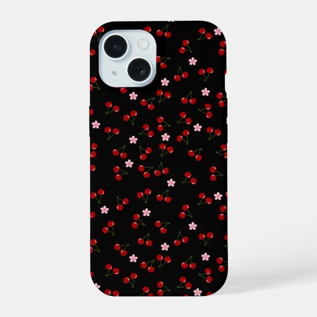 Cherries Pattern on Black Background iPhone 15 Case (Back)
