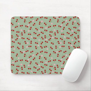 Cherries Pattern on Green Background Mouse Pad