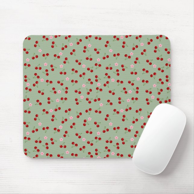 Cherries Pattern on Green Background Mouse Pad (With Mouse)