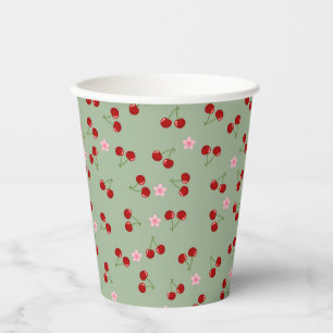 Cherries Pattern on Green Background Paper Cups