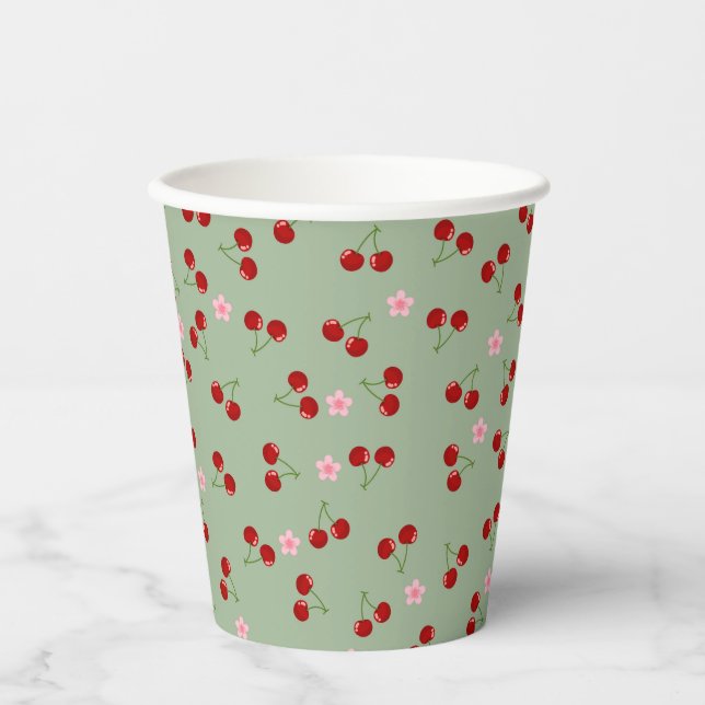 Cherries Pattern on Green Background Paper Cups (Front)