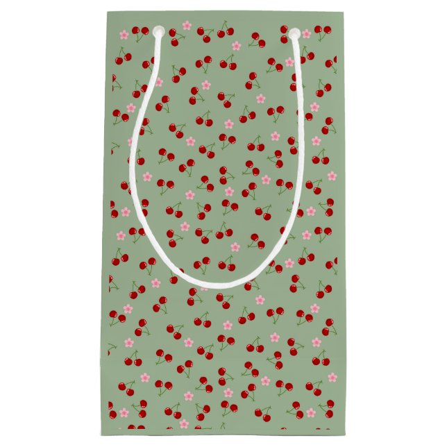 Cherries Pattern on Green Background Small Gift Bag (Front)