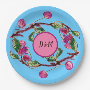 Cherries Pink Fruit on Turquoise with Initials Paper Plate