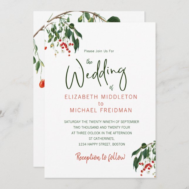 Cherries Red Green Modern Stylish Elegant Wedding Invitation (Front/Back)