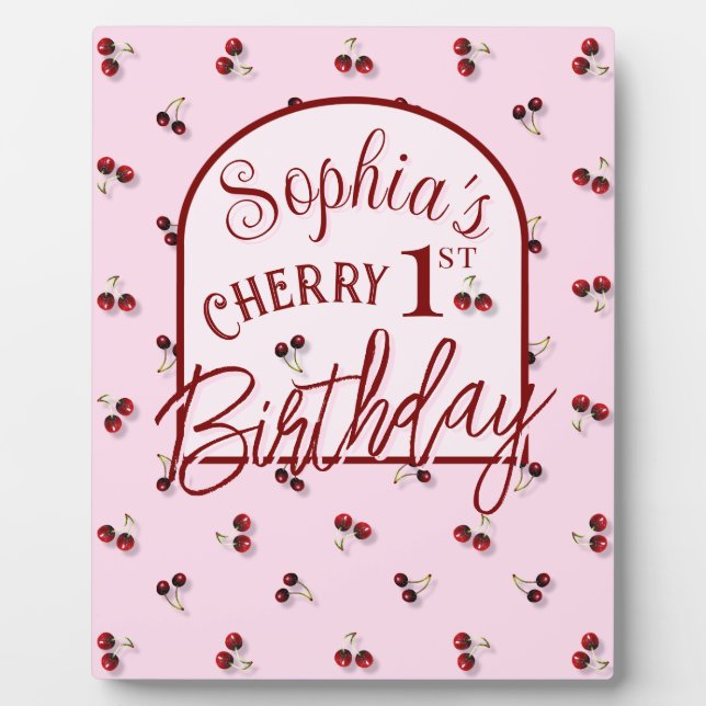 Cherries Theme First Birthday Tabletop Sign Plaque (Front)