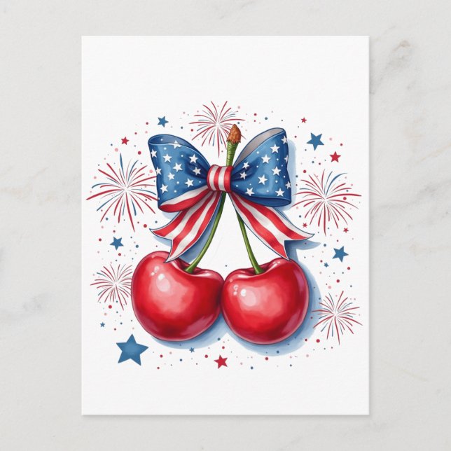Cherries with Coquette Bow 4th of July American   Invitation Postcard (Front)