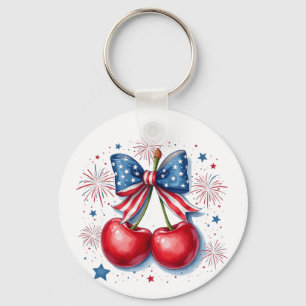 Cherries with Coquette Bow 4th of July American   Keychain