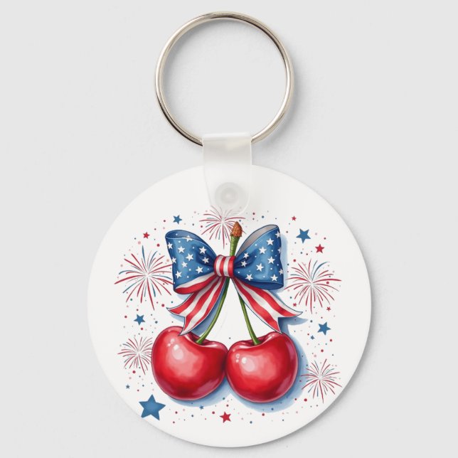 Cherries with Coquette Bow 4th of July American   Keychain (Front)