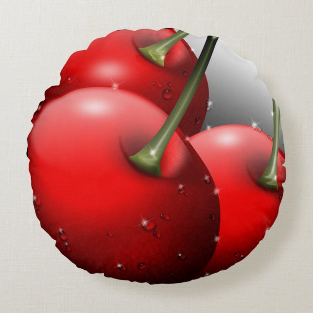 Cherries with Dew Drops Round Pillow (Front)