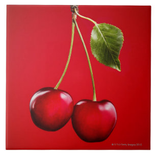 Cherries with Leaf on Red Background Tile