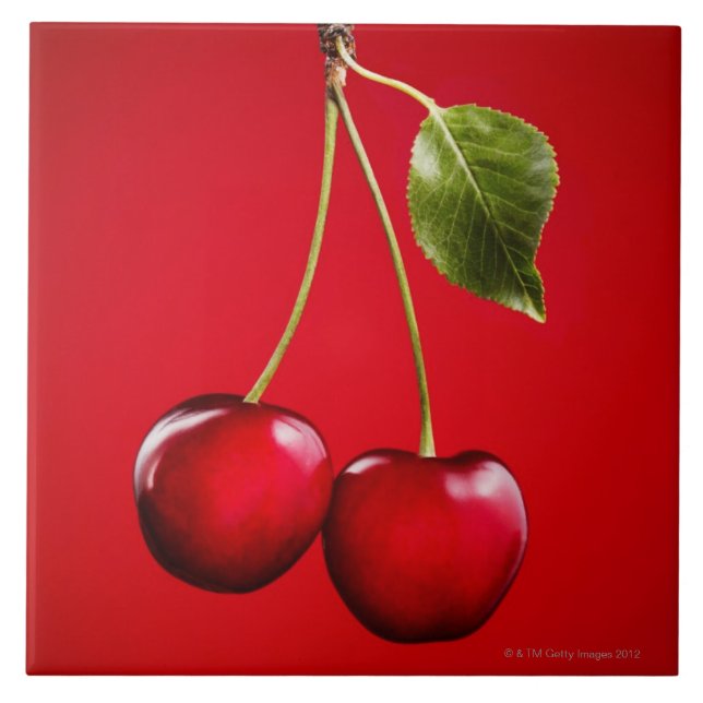Cherries with Leaf on Red Background Tile (Front)