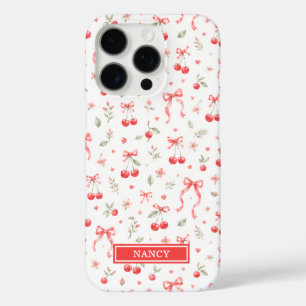Cherries With Red Coquette Bows Monogrammed iPhone 16 Pro Case