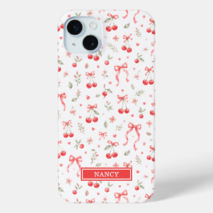 Cherries With Red Coquette Bows Monogrammed iPhone 15 Mini Case