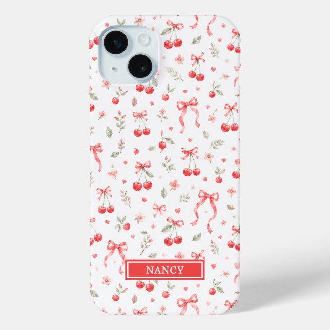 Cherries With Red Coquette Bows Monogrammed Case-Mate iPhone Case (Back)