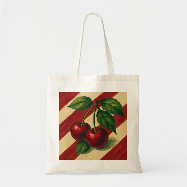 Cherries with Ruby Red and Cream Stripes Tote Bag (Front)