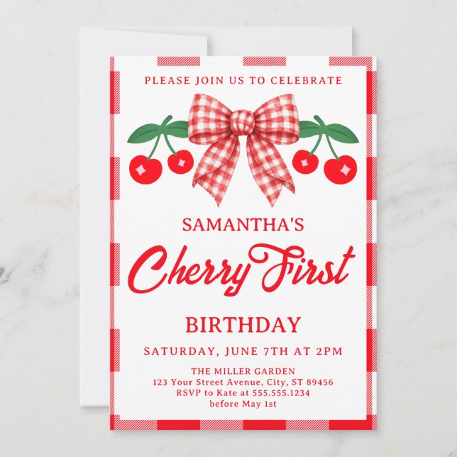 Cherry 1st Birthday Red Gingham Bow Invitation (Front)