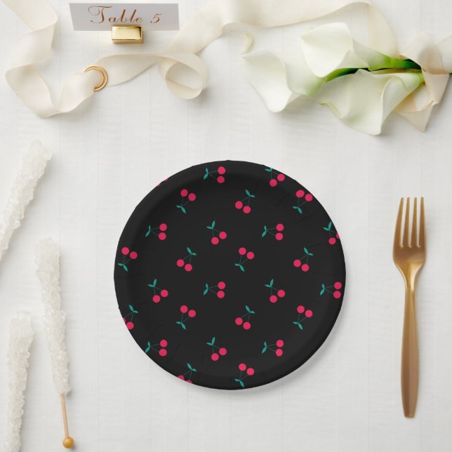 Cherry Aesthetic Cherries Pattern Black  Paper Plate (Wedding)