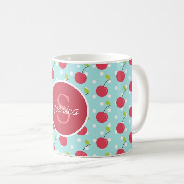 Cherry and Blue Polka Dot Pattern Personalised Coffee Mug (Front Right)