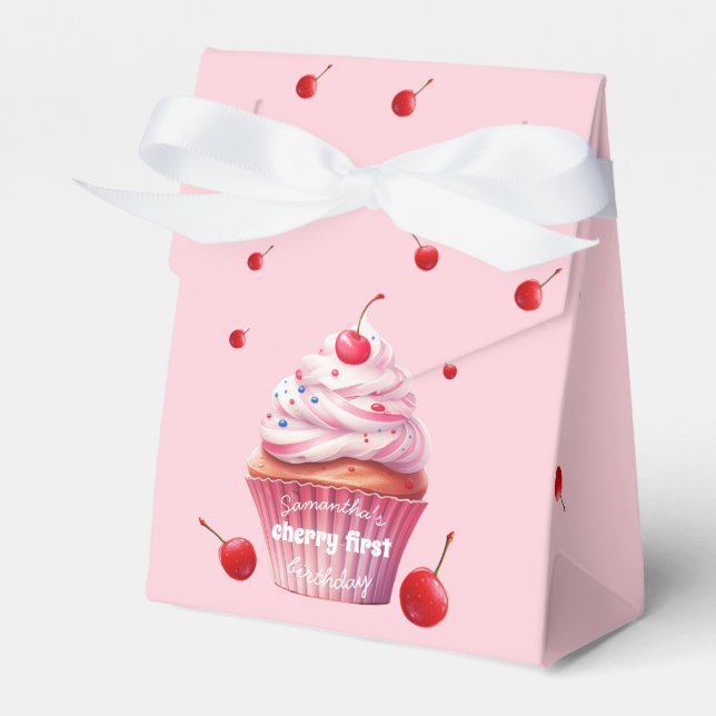 Cherry and Cupcake First Birthday Favor Box (Front Side)