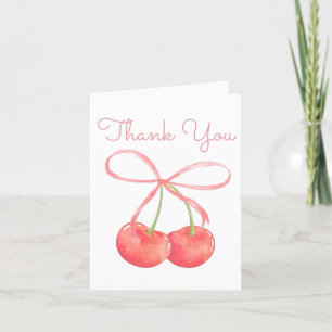 Cherry and Pink Ribbon Watercolor Girl Baby Shower Thank You Card