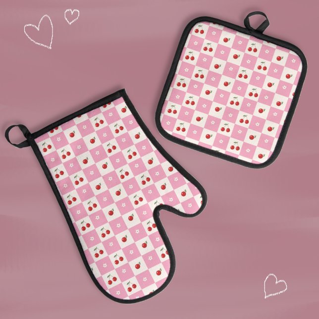 Cherry and Tiny Blossom Pink Gingham Pattern Oven Mitt & Pot Holder Set (Spring inspired white and pink oven mitt and pot holder set .)